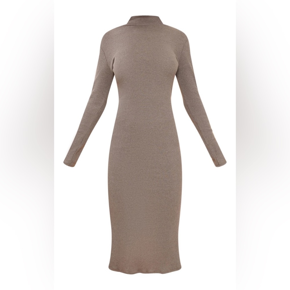 Sage Khaki Rib High Neck Long Sleeve Maxi Dress